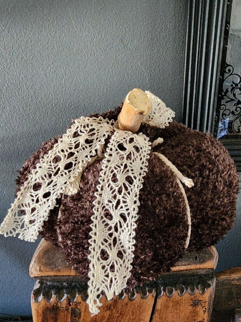 Knit Sweater Pumpkin Pillow Pouf, Upcycled Brown Chenille with Vintage Lace and